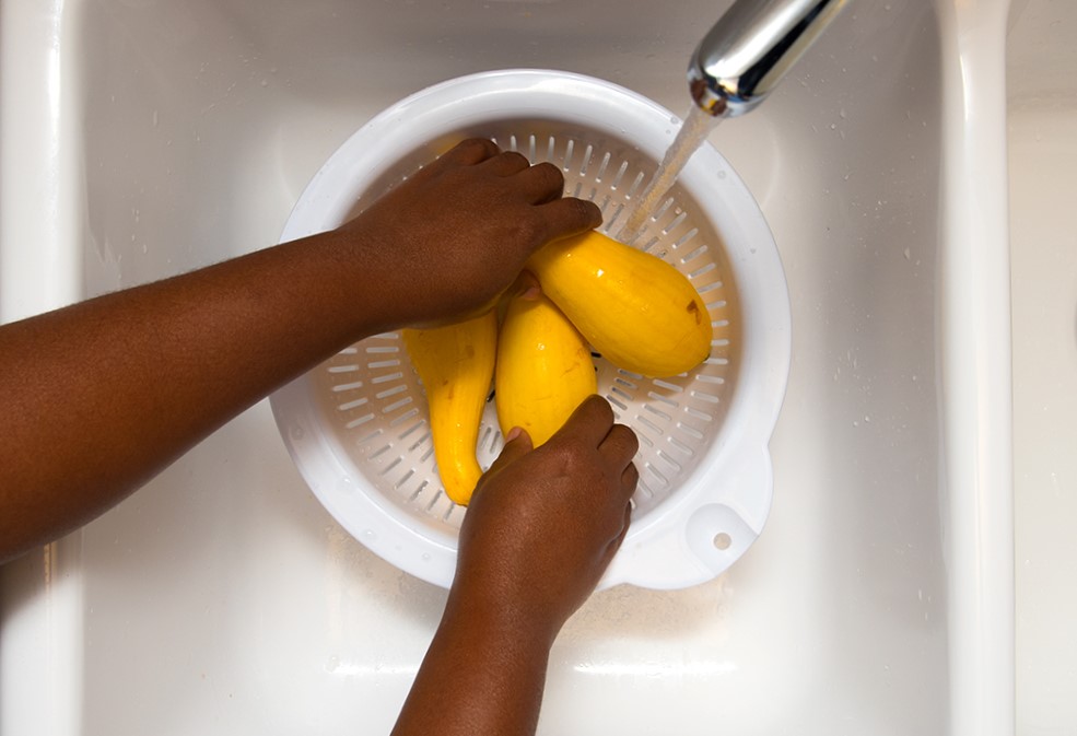Two hands washing three pieces of squash in a colander in a sink with running water 
