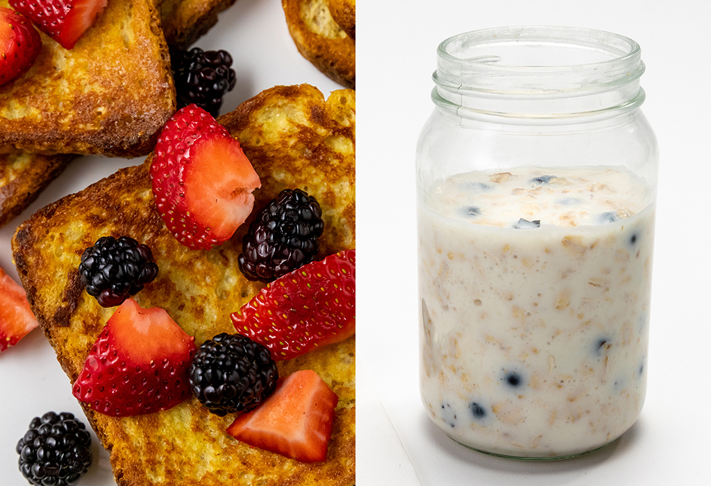 Images of french toast and overnight oats with blueberries