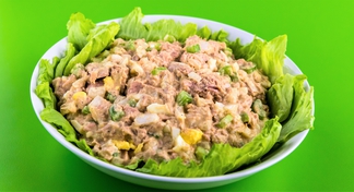 Bowl with tuna salad on bed of lettuce.