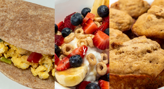 Images of a breakfast burrito, breakfast banana split, and muffins