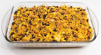 A pan of southwestern chicken spaghetti 