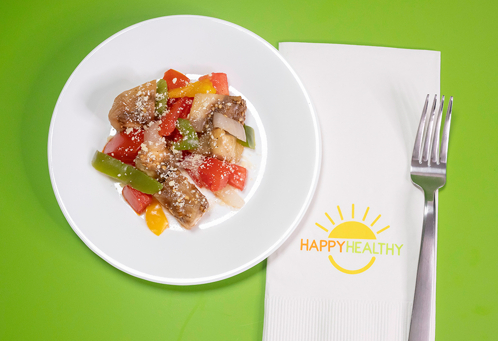 A small white plate with a Fall Vegetable Stir-fry