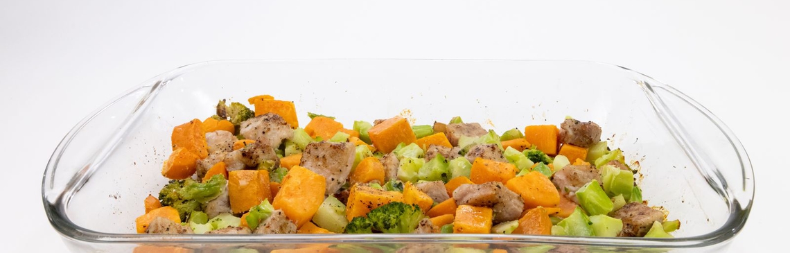 A pan of Baked Italian Pork & Vegetables