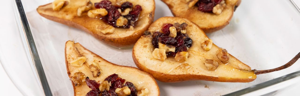 A baking dish of 4 Easy Baked Pears