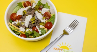 A white bowl of Burger in a Bowl