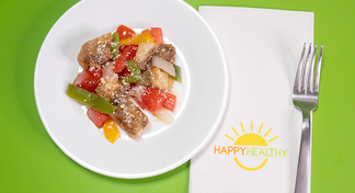 A small white plate with a Fall Vegetable Stir-fry
