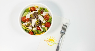 A white bowl of Burger in a Bowl