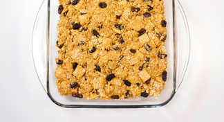 A baking dish with Peanut Butter Cereal Bars