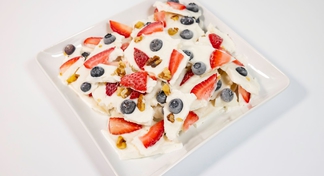 A white plate filled with Frozen Yogurt Bark
