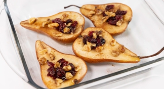 A baking dish of 4 Easy Baked Pears