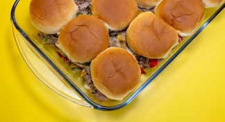 A pan of Easy Ground Beef Philly Cheese Sliders